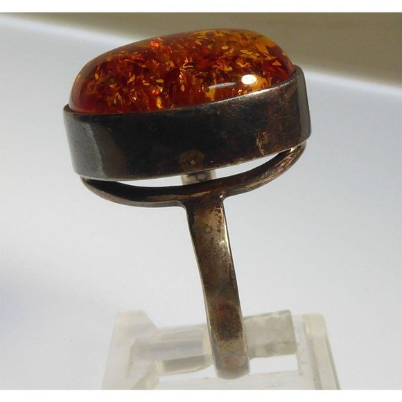 Modernist Amber & Sterling Silver Ring Signed E Size 9 - Picture 8 of 10